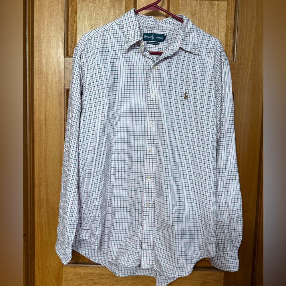 Ralph Lauren Men's Pink, Blue, and White Plaid Shirt